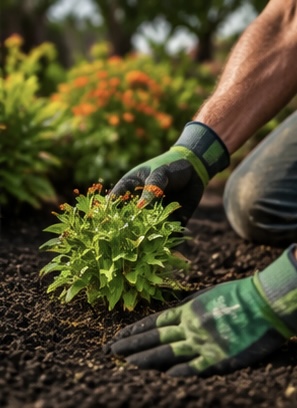 Landscaper completing a lawn job while customers book online