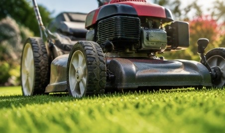 Red lawn mower cutting green grass