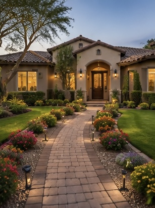 Landscaper servicing a residential lawn