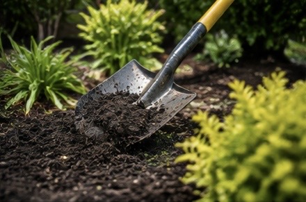 Landscaper using a shovel in garden mulch